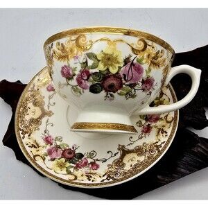 Victorian Trading Co Teacup Saucer “ You Have Been Poisoned ” Floral Gold Trim